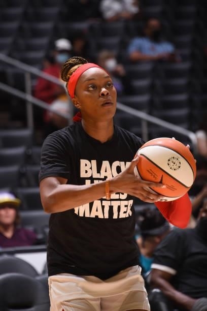 Odyssey Sims of the Atlanta Dream looks to shoot the ball before the game against the Los Angeles Sparks on August 19, 2021 at the Staples Center in...