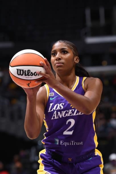 Te'a Cooper of the Los Angeles Sparks shoots a free throw against the Atlanta Dream on August 19, 2021 at the Staples Center in Los Angeles,...