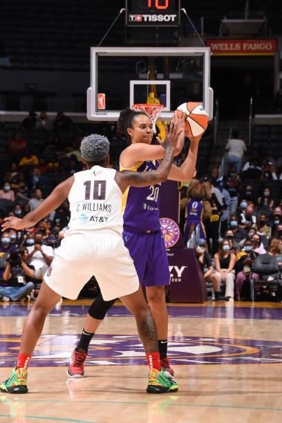 Courtney Williams of the Atlanta Dream plays defense on Kristi Toliver of the Los Angeles Sparks on August 19, 2021 at the Staples Center in Los...