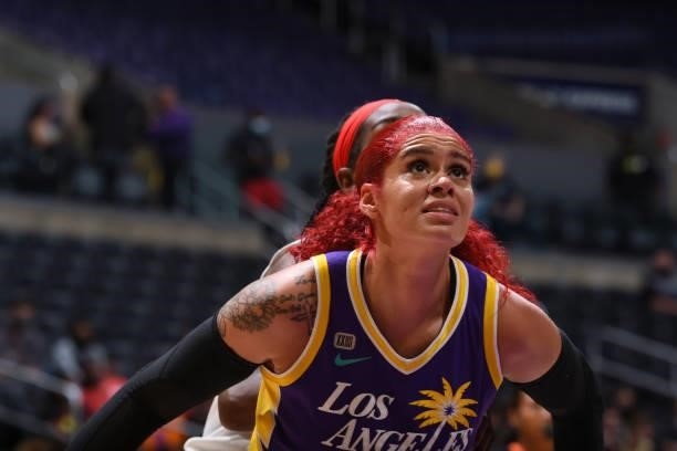 Amanda Zahui B of the Los Angeles Sparks looks on during the game against the Atlanta Dream on August 19, 2021 at the Staples Center in Los Angeles,...
