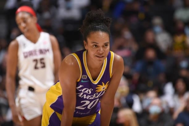 Kristi Toliver of the Los Angeles Sparks smiles during the game against the Atlanta Dream on August 19, 2021 at the Staples Center in Los Angeles,...