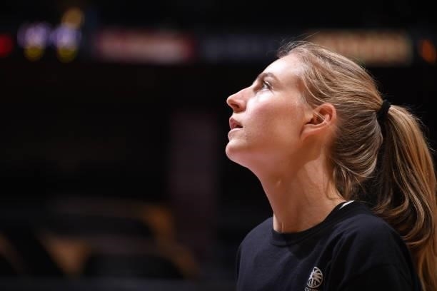 Close-up of Karlie Samuelson of the Los Angeles Sparks before the game against the Atlanta Dream on August 19, 2021 at the Staples Center in Los...