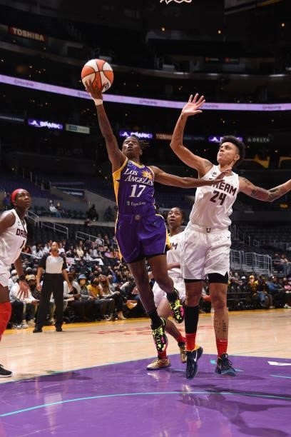 Erica Wheeler of the Los Angeles Sparks drives to the basket against the Atlanta Dream on August 19, 2021 at the Staples Center in Los Angeles,...