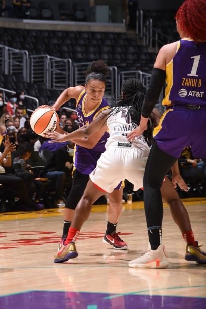 Kristi Toliver of the Los Angeles Sparks handles the ball against the Atlanta Dream on August 19, 2021 at the Staples Center in Los Angeles,...