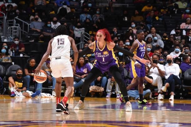 Amanda Zahui B of the Los Angeles Sparks plays defense on Tiffany Hayes of the Atlanta Dream on August 19, 2021 at the Staples Center in Los Angeles,...