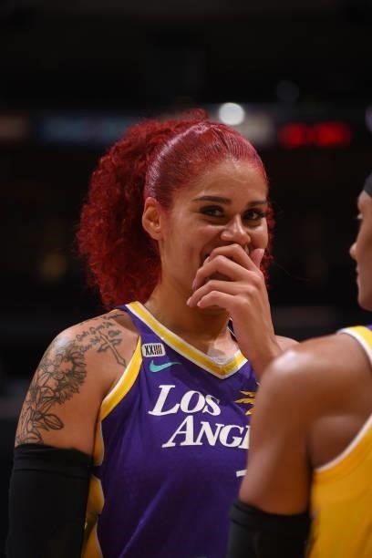 Amanda Zahui B of the Los Angeles Sparks smiles during the game against the Atlanta Dream on August 19, 2021 at the Staples Center in Los Angeles,...