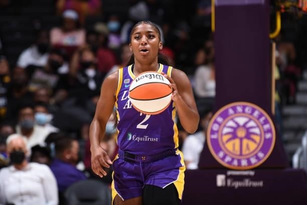Te'a Cooper of the Los Angeles Sparks handles the ball during the game against the Atlanta Dream on August 19, 2021 at the Staples Center in Los...