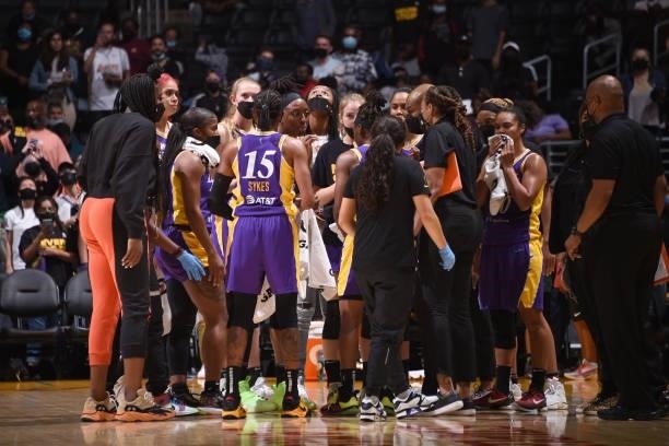 The Los Angeles Sparks huddle up during the game against the Atlanta Dream on August 19, 2021 at the Staples Center in Los Angeles, California. NOTE...