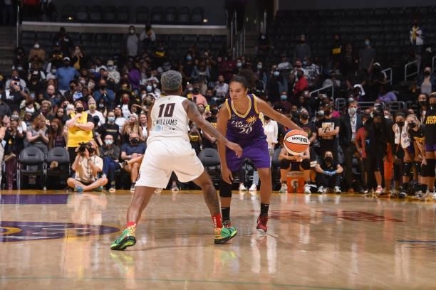 Courtney Williams of the Atlanta Dream plays defense on Kristi Toliver of the Los Angeles Sparks on August 19, 2021 at the Staples Center in Los...