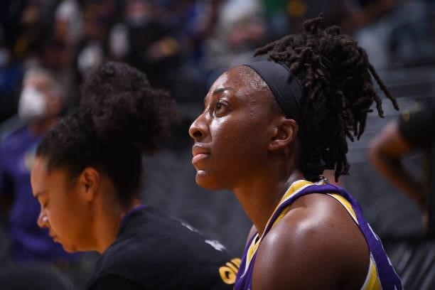Close-up of Nneka Ogwumike of the Los Angeles Sparks before the game against the Atlanta Dream on August 19, 2021 at the Staples Center in Los...