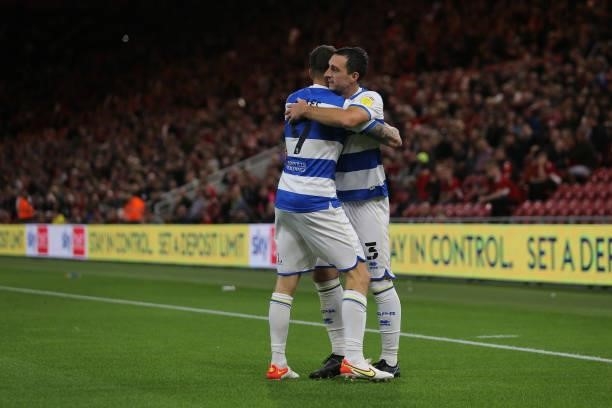 Queens Park Rangers' Lyndon Dykes and Lee Wallace celebrate after their first goal during the Sky Bet Championship match between Middlesbrough and...