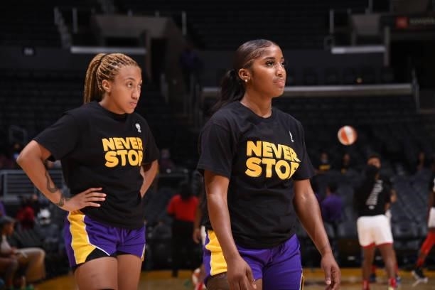 Arella Guirantes and Te'a Cooper of the Los Angeles Sparks look on before the game against the Atlanta Dream on August 19, 2021 at the Staples Center...
