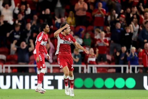 Matt Crooks of Midddlesbrough celebrates after scoring their second goal during the Sky Bet Championship match between Middlesbrough and Queens Park...