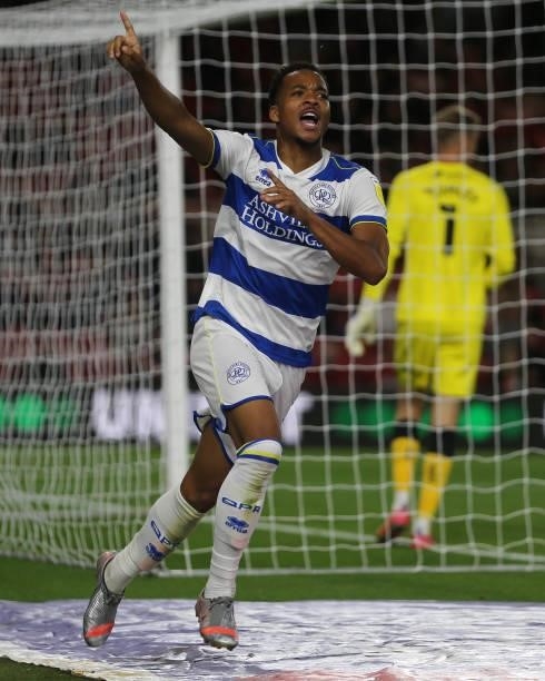 Chris Willock of Queens Park Rangers celebrates after scoring their third goal during the Sky Bet Championship match between Middlesbrough and Queens...