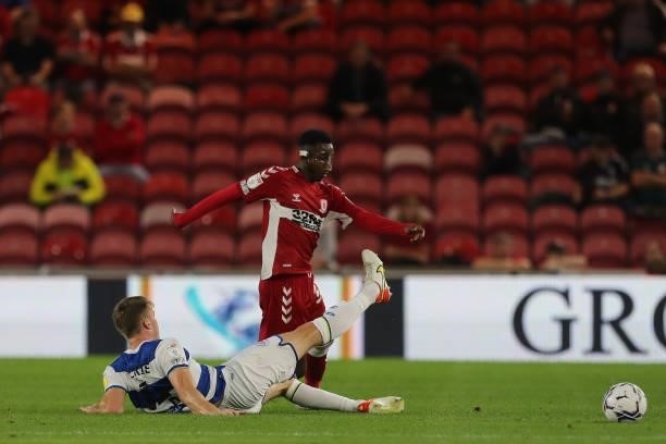 Rob Dickie of Queens Park Rangersin action with Middlesbrough's Isaiah Jones during the Sky Bet Championship match between Middlesbrough and Queens...