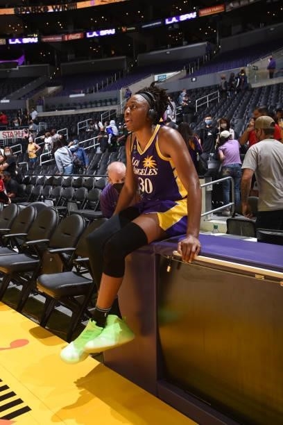 Nneka Ogwumike of the Los Angeles Sparks is interviewed after the game against the Atlanta Dream on August 19, 2021 at the Staples Center in Los...