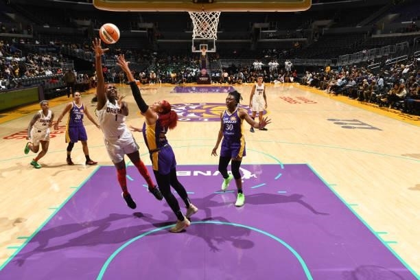 Elizabeth Williams of the Atlanta Dream shoots the ball against the Los Angeles Sparks on August 19, 2021 at the Staples Center in Los Angeles,...