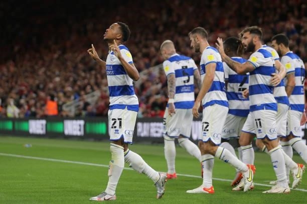 Queens Park Rangers' Chris Willock celebrates after scoring their second goal during the Sky Bet Championship match between Middlesbrough and Queens...