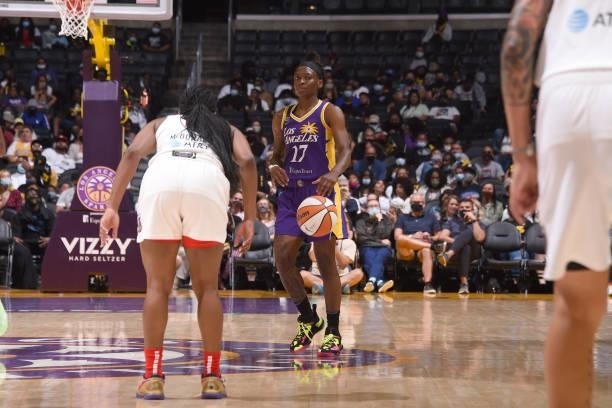 Erica Wheeler of the Los Angeles Sparks handles the ball against the Atlanta Dream on August 19, 2021 at the Staples Center in Los Angeles,...