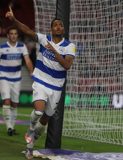 Chris Willock of Queens Park Rangers celebrates after scoring their third goal during the Sky Bet Championship match between Middlesbrough and Queens...
