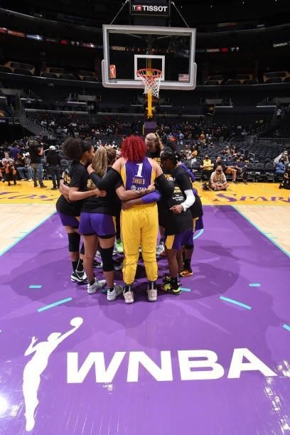 The Los Angeles Sparks huddle up before the game against the Atlanta Dream on August 19, 2021 at the Staples Center in Los Angeles, California. NOTE...