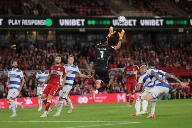 Queens Park Rangers' Seny Dieng claims a cross during the Sky Bet Championship match between Middlesbrough and Queens Park Rangers at the Riverside...