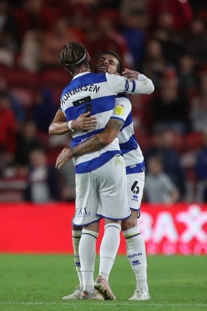 Queens Park Rangers' Stefan Johansen and Yoann Barbet celebrate after the final whistle during the Sky Bet Championship match between Middlesbrough...