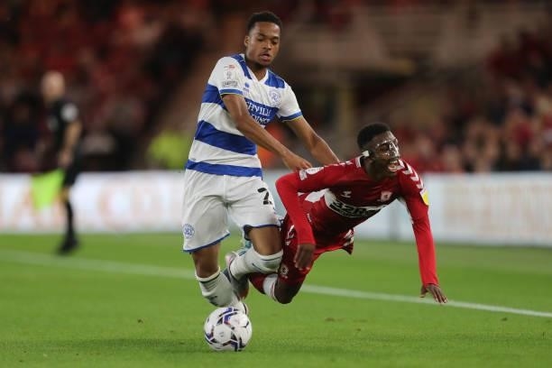 Queens Park Rangers' Moses Odubajo fouls Middlesbrough's Isaiah Jones during the Sky Bet Championship match between Middlesbrough and Queens Park...