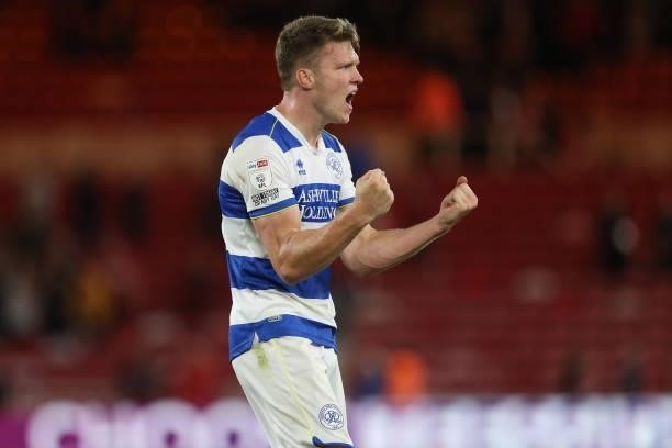 Rob Dickie of Quens Park Rangers celebrates with their fans after the Sky Bet Championship match between Middlesbrough and Queens Park Rangers at the...