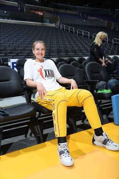 Karlie Samuelson of the Los Angeles Sparks smiles before the game against the Atlanta Dream on August 19, 2021 at the Staples Center in Los Angeles,...