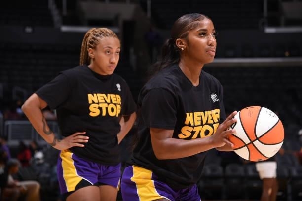 Te'a Cooper of the Los Angeles Sparks looks to shoot the ball before the game against the Atlanta Dream on August 19, 2021 at the Staples Center in...
