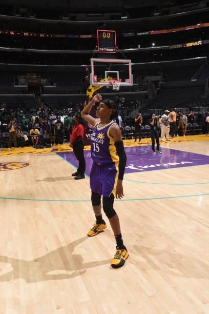 Brittney Sykes of the Los Angeles Sparks celebrates the win after the game against the Atlanta Dream on August 19, 2021 at the Staples Center in Los...