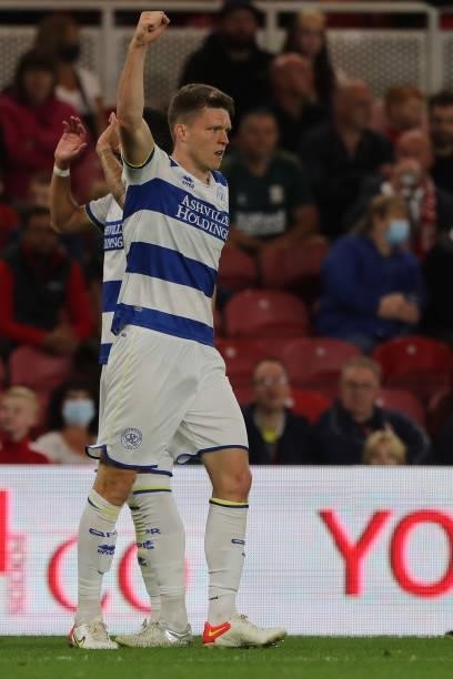 Rob Dickie of Queens Park Rangers celebrates after their second goal during the Sky Bet Championship match between Middlesbrough and Queens Park...