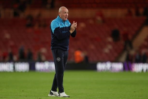 Queens Park Rangers manager Mark Warburton celebrates after the Sky Bet Championship match between Middlesbrough and Queens Park Rangers at the...