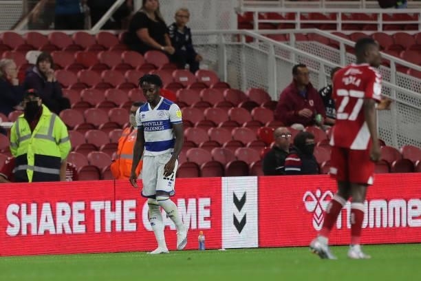 Queens Park Rangers' Moses Odubajo leaves the field after receiving a red card for a second yellow during the Sky Bet Championship match between...