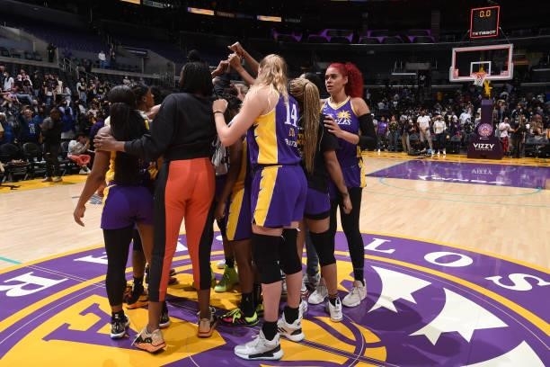 The Los Angeles Sparks huddle up after the game against the Atlanta Dream on August 19, 2021 at the Staples Center in Los Angeles, California. NOTE...