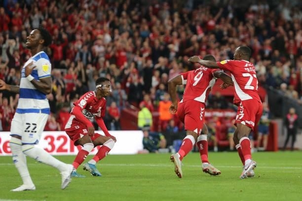 Middlesbrough's Uche Ikpeazu celebrates after scoring from the penalty spot during the Sky Bet Championship match between Middlesbrough and Queens...