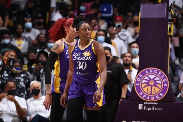Nneka Ogwumike of the Los Angeles Sparks looks on during the game against the Atlanta Dream on August 19, 2021 at the Staples Center in Los Angeles,...