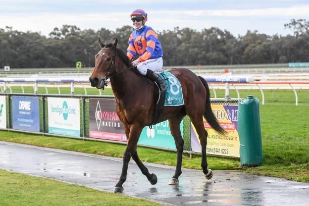 Daniel Stackhouse returns to the mounting yard on Toosbuy after winning the Catanach's Jewellers BM64 Handicap at Bendigo Racecourse on August 20,...