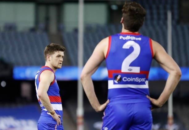 Taylor Duryea of the Bulldogs looks dejected after a loss during the 2021 AFL Round 23 match between the Western Bulldogs and the Port Adelaide Power...