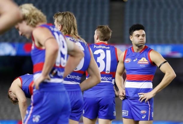 Jason Johannisen of the Bulldogs looks dejected after a loss during the 2021 AFL Round 23 match between the Western Bulldogs and the Port Adelaide...