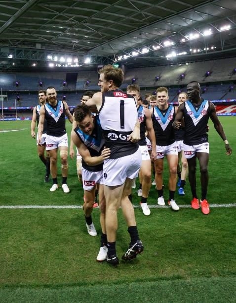 Karl Amon and Tom Jonas of the Power celebrate during the 2021 AFL Round 23 match between the Western Bulldogs and the Port Adelaide Power at Marvel...
