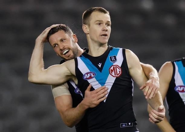 Travis Boak and Robbie Gray of the Power celebrate during the 2021 AFL Round 23 match between the Western Bulldogs and the Port Adelaide Power at...