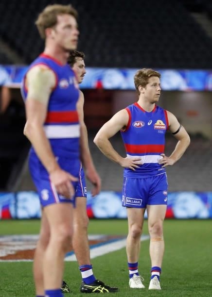 Lachie Hunter of the Bulldogs looks dejected after a loss during the 2021 AFL Round 23 match between the Western Bulldogs and the Port Adelaide Power...