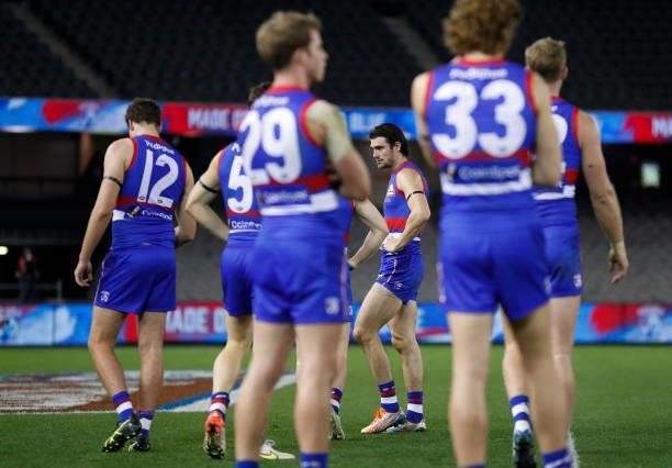 Easton Wood of the Bulldogs looks dejected after a loss during the 2021 AFL Round 23 match between the Western Bulldogs and the Port Adelaide Power...