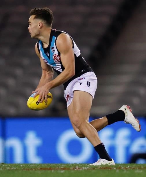 Karl Amon of the Power in action during the 2021 AFL Round 23 match between the Western Bulldogs and the Port Adelaide Power at Marvel Stadium on...