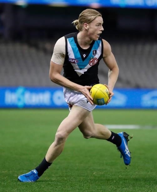 Miles Bergman of the Power in action during the 2021 AFL Round 23 match between the Western Bulldogs and the Port Adelaide Power at Marvel Stadium on...