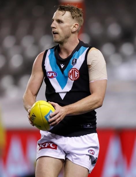 Zak Butters of the Power in action during the 2021 AFL Round 23 match between the Western Bulldogs and the Port Adelaide Power at Marvel Stadium on...