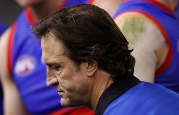 Luke Beveridge, Senior Coach of the Bulldogs looks on during the 2021 AFL Round 23 match between the Western Bulldogs and the Port Adelaide Power at...
