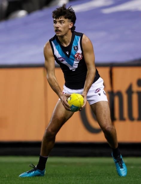 Riley Bonner of the Power in action during the 2021 AFL Round 23 match between the Western Bulldogs and the Port Adelaide Power at Marvel Stadium on...